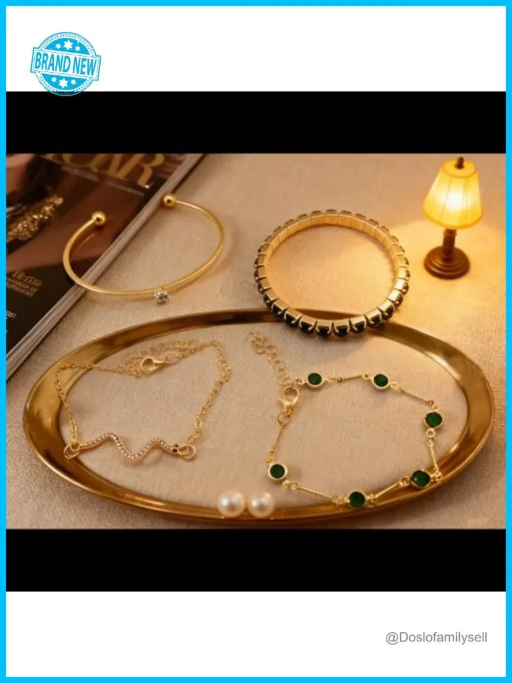 4-Piece Gold Tone Crystal Bracelet Set, Rhinestone Chain & Cuff Bangles,